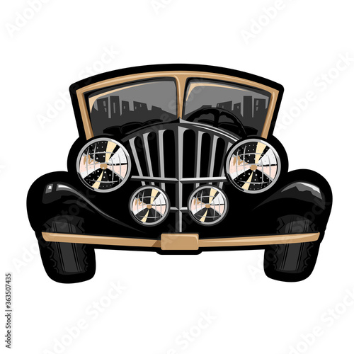 Black convertible with large headlights in a retro style. 1920 year. Retro cars in cartoon style. Vector illustration isolated on white background.