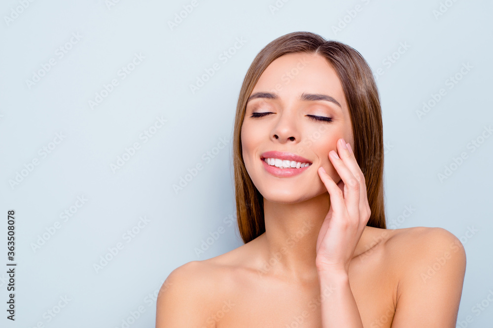 Close-up portrait of nice lovely attractive groomed straight-haired cheery lady touching perfect smooth shine clean clear flawless skin closed eyes beaming smile isolated over light gray background