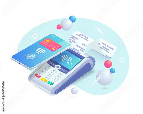 Contactless payment via smartphone isometric abstract concept. 3d payment machine, mobile phone with credit card, fingerprint on screen. Success cashless NFC payment transaction. Vector illustration