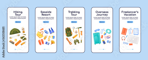Journey essentials onboarding mobile app screen flat vector template