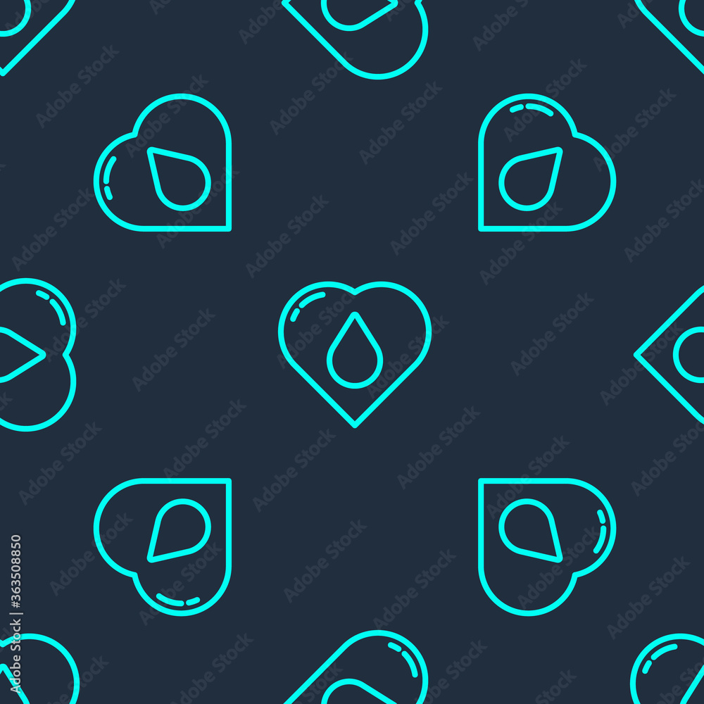 Green line Heart with water drop icon isolated seamless pattern on blue background. Vector Illustration. Green line Heart with water drop icon isolated seamless pattern on blue background. Vector Illustration.