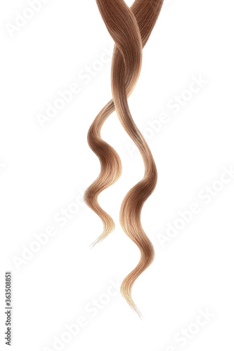 Brown hair on white background, isolated. Thin curly threads