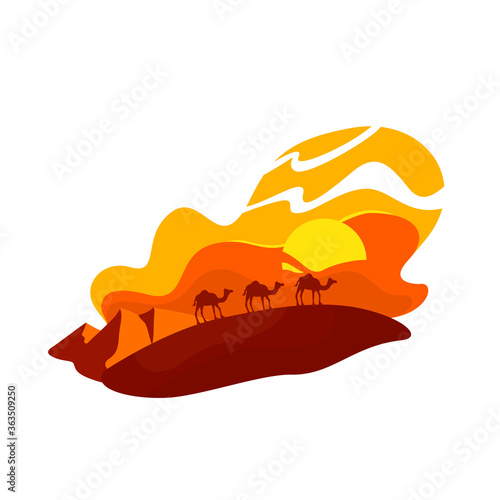 Camels walk in dunes 2D vector web banner, poster