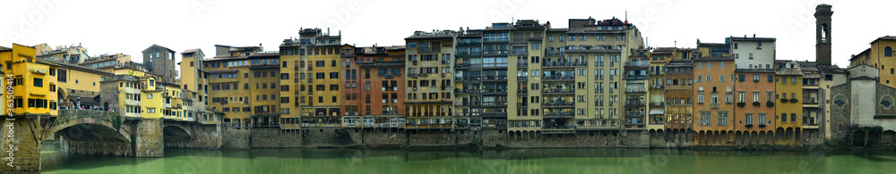 Florence, tuscany, Italy. Side view of the Arno riverside inside the city closed to Ponte Vecchio. Detail of the many different old historical houses