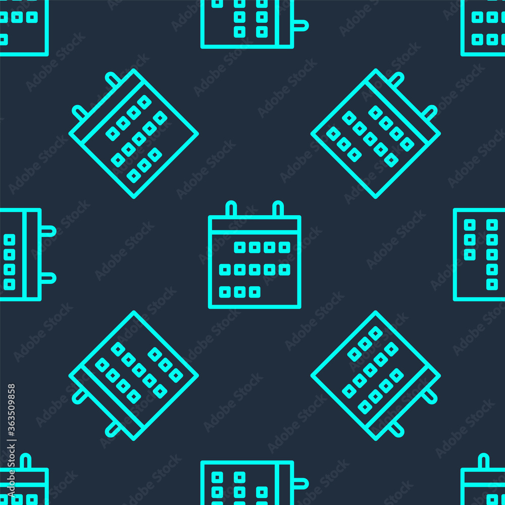 Green line Calendar icon isolated seamless pattern on blue background. Event reminder symbol. Vector Illustration. Green line Calendar icon isolated seamless pattern on blue background. Event reminder symbol. Vector Illustration.
