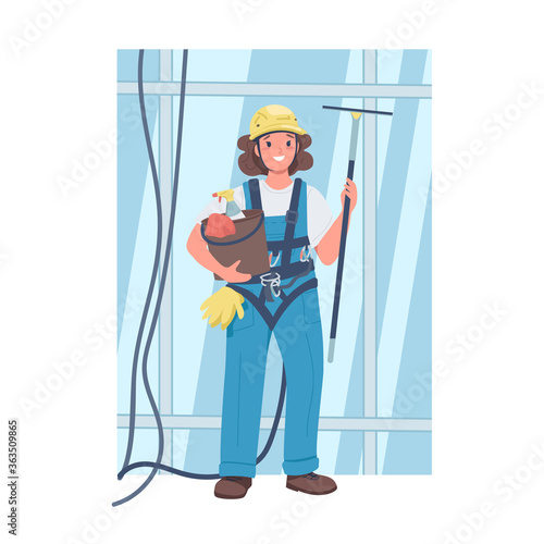 Woman window washer flat color vector detailed character