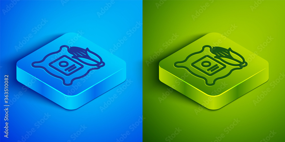 Isometric line Corn in the sack icon isolated on blue and green background. Corn in a canvas bag. Farmers market. Square button. Vector Illustration. Isometric line Corn in the sack icon isolated on blue and green background. Corn in a canvas bag. Farmers market. Square button. Vector Illustration.
