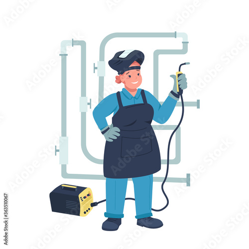 Woman electric welder flat color vector detailed character