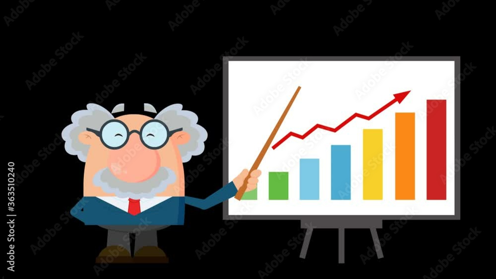 Professor Or Scientist Cartoon Character With Pointer Presenting A Progressive Chart. 4K Animation Video Motion Graphics Without Background Professor Or Scientist Cartoon Character With Pointer Presenting A Progressive Chart. 4K Animation Video Motion Graphics Without Background