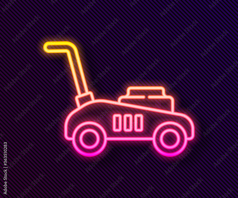 Glowing neon line Lawn mower icon isolated on black background. Lawn mower cutting grass. Vector Illustration. Glowing neon line Lawn mower icon isolated on black background. Lawn mower cutting grass. Vector Illustration.