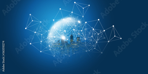 Futuristic Smart City, IoT and Cloud Computing Design Concept with Polygonal Mesh, Cluster and Nodes - Digital Network Connections, Technology Background