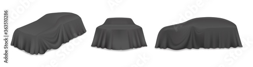Car covered with black unveiling cloth, vector illustration isolated on white background. Realistic car reveal curtain for auto show, presentation event.