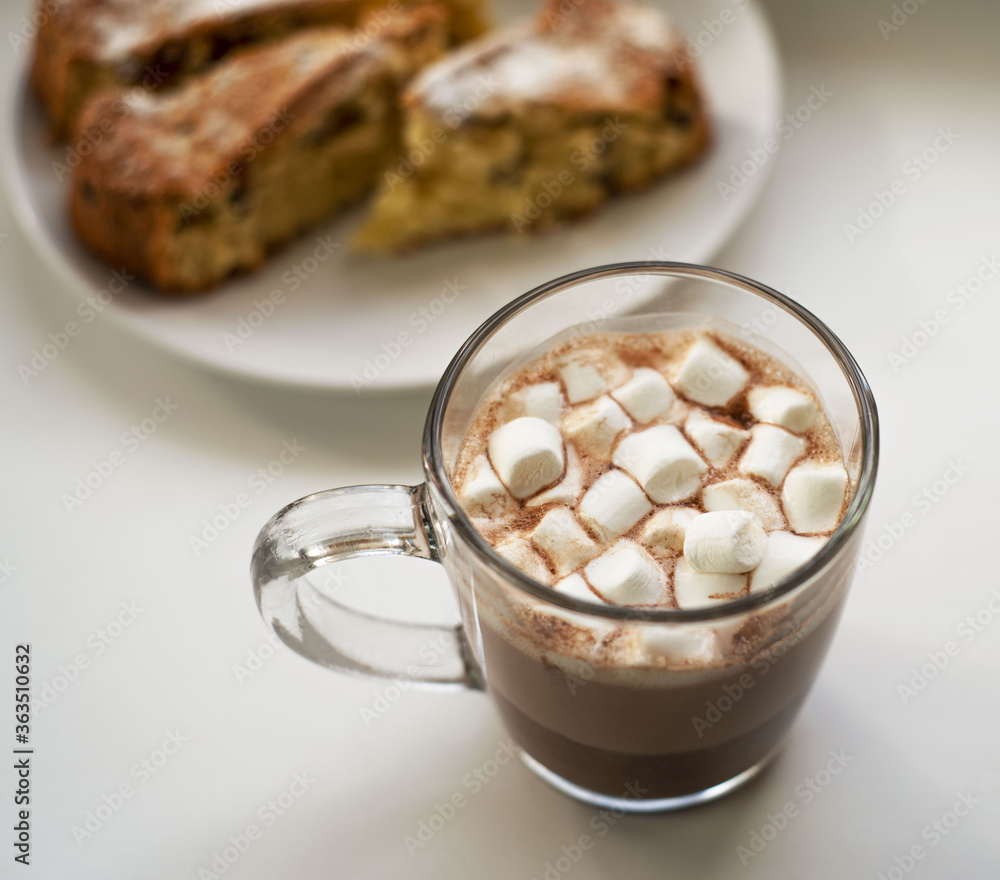 cup of hot chocolate with marshmallow and home made cake cup of hot chocolate with marshmallow and home made cake