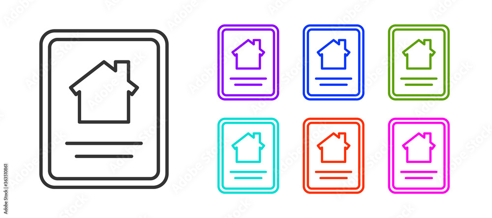 Black line Online real estate house on tablet icon isolated on white background. Home loan concept, rent, buy, buying a property. Set icons colorful. Vector Illustration. Black line Online real estate house on tablet icon isolated on white background. Home loan concept, rent, buy, buying a property. Set icons colorful. Vector Illustration.