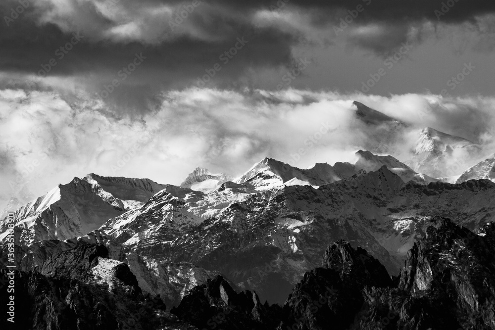 windy mountains black and white