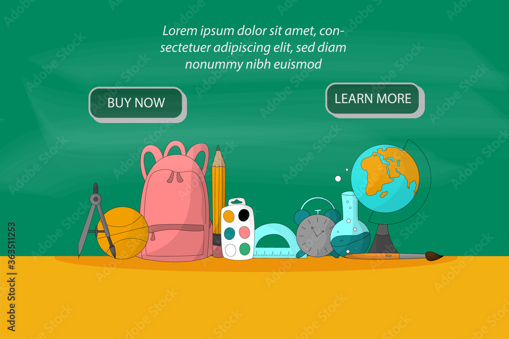 Obraz Back to school vector set. Landing page design with school stationery. Cartoon style illustrations. Online shop conccept. Autumn sale concept.