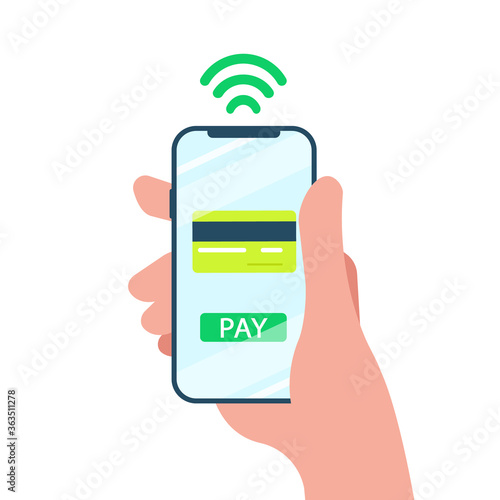 Vector illustration. Mobile payment concept. Hand holding a phone. Smartphone wireless money transfer. Flat design