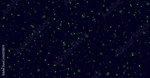 Green sparkles on a dark blue background, fireflies flying in the night. Abstract lightning bugs in the evening sky. Glowing stardust light effect. Vector backdrop.