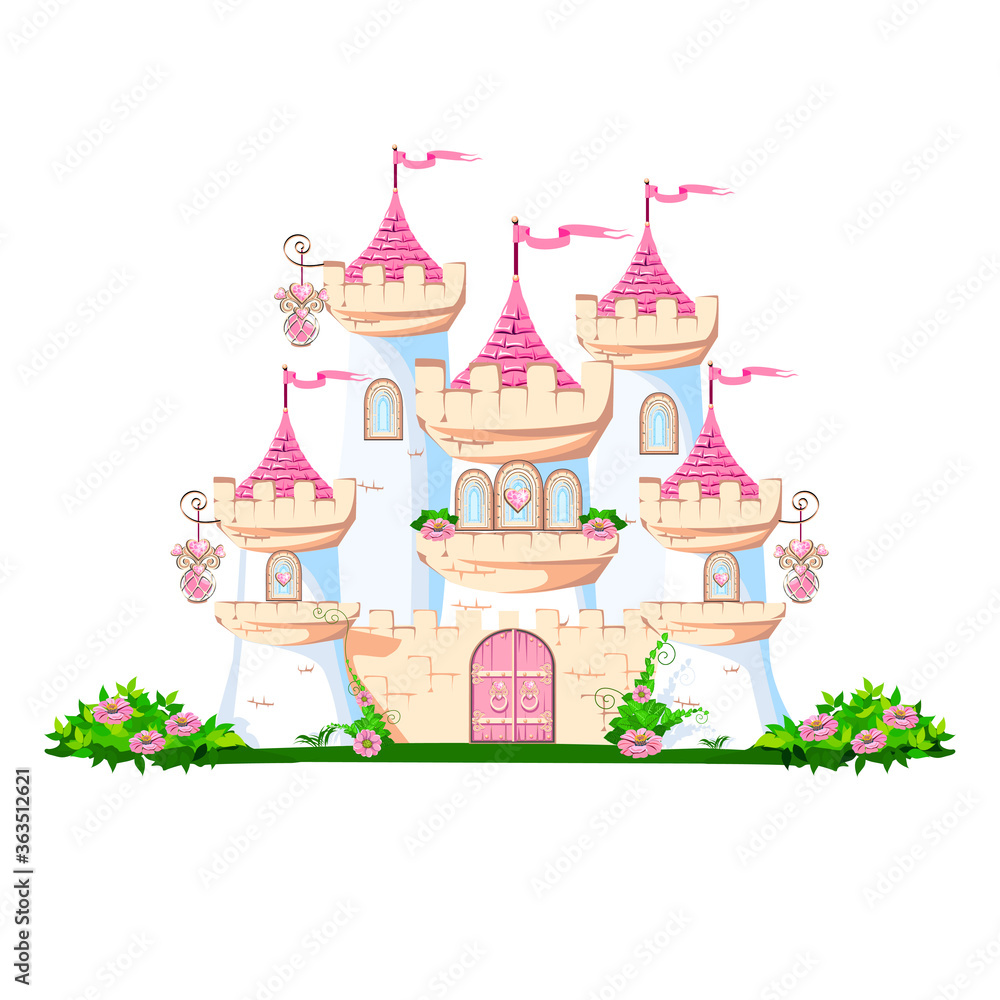 The magical castle of a beautiful princess. Beautiful fairytale castle illustration. Vector illustration.