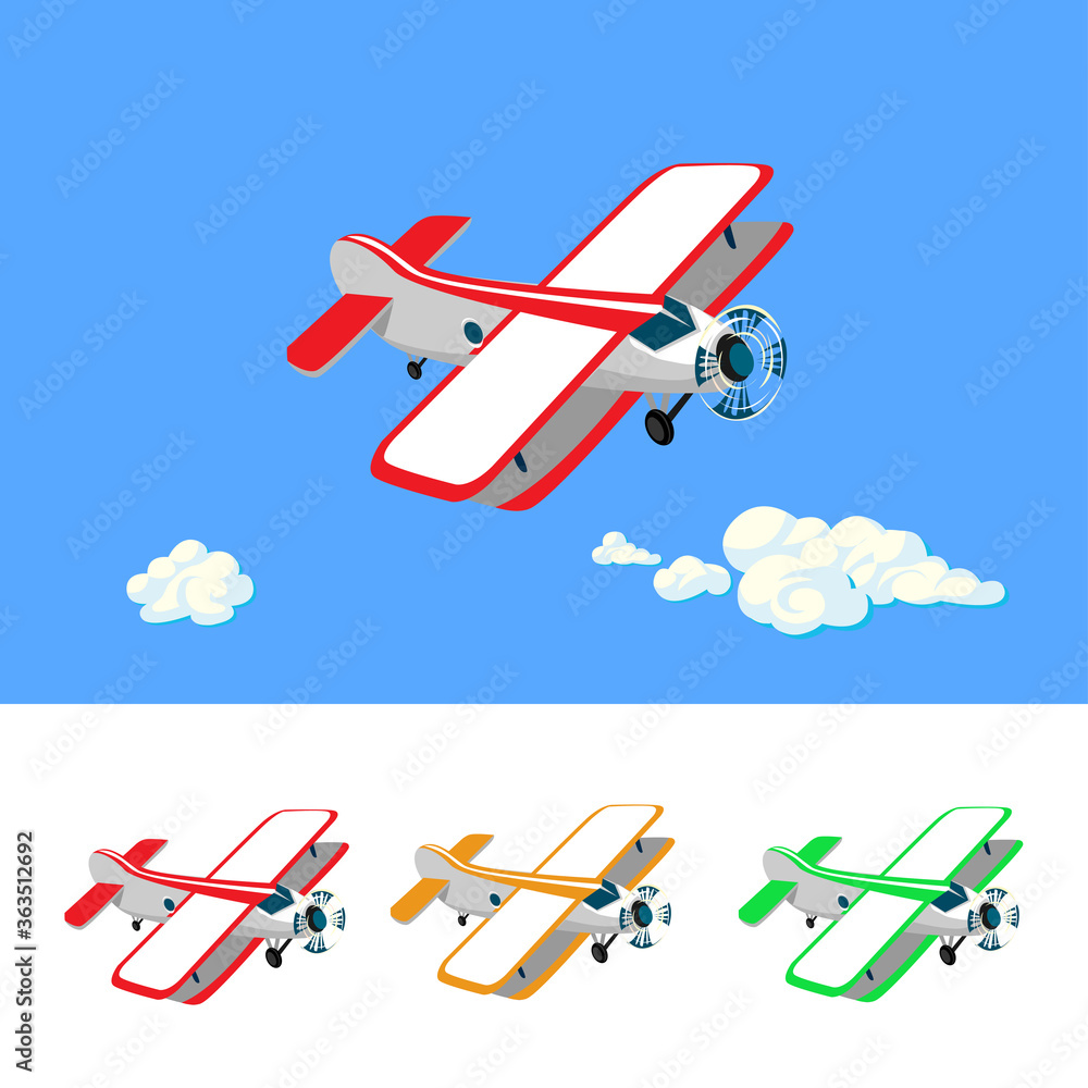 Set of colorful airplanes in cartoon style. Vector illustration isolated on white background.