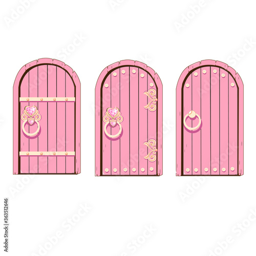 Fairytale pink door of a beautiful princess. Antique door with forged decorations. Cartoon style. Vector illustration isolated on a white background.