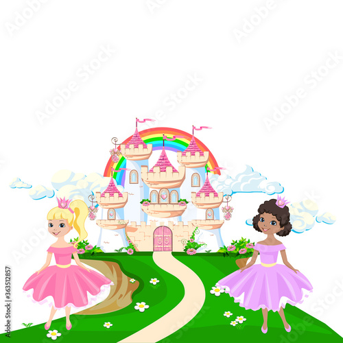 The magical castle of a beautiful princess in the clouds. Beautiful fairytale castle illustration. Vector illustration.