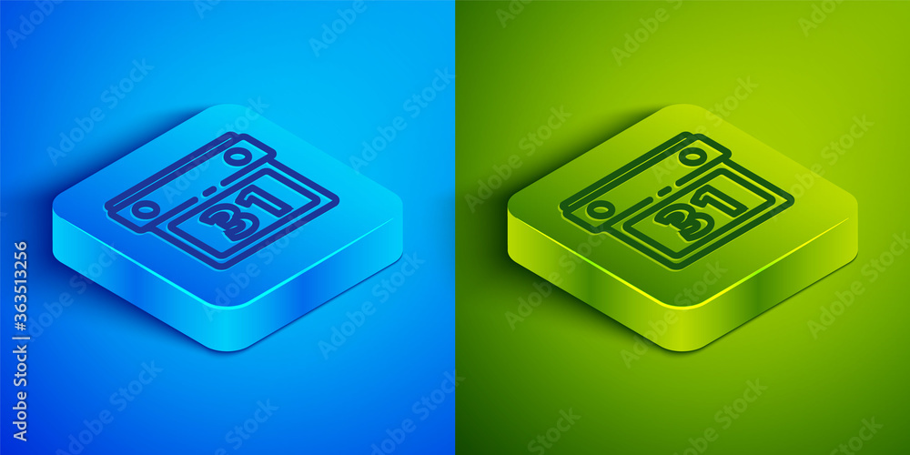 Isometric line Calendar icon isolated on blue and green background. Event reminder symbol. Square button. Vector Illustration. Isometric line Calendar icon isolated on blue and green background. Event reminder symbol. Square button. Vector Illustration.