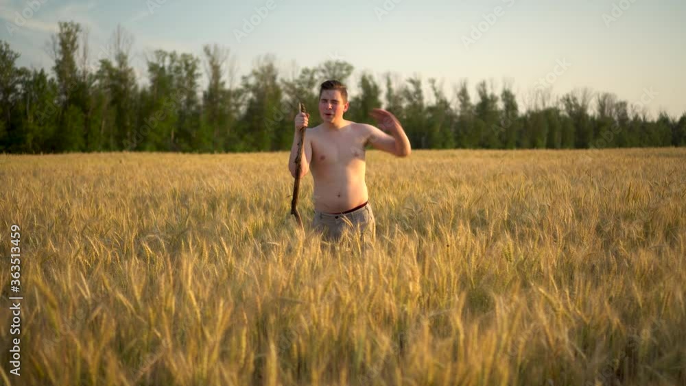 A young man without a shirt mows wheat scythe. A man in a field at sunset. A young man without a shirt mows wheat scythe. A man in a field at sunset.