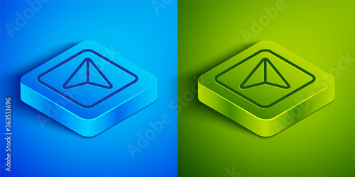 Isometric line Infographic of city map navigation icon isolated on blue and green background. Interface concept design. Geolocation concept. Square button. Vector Illustration.