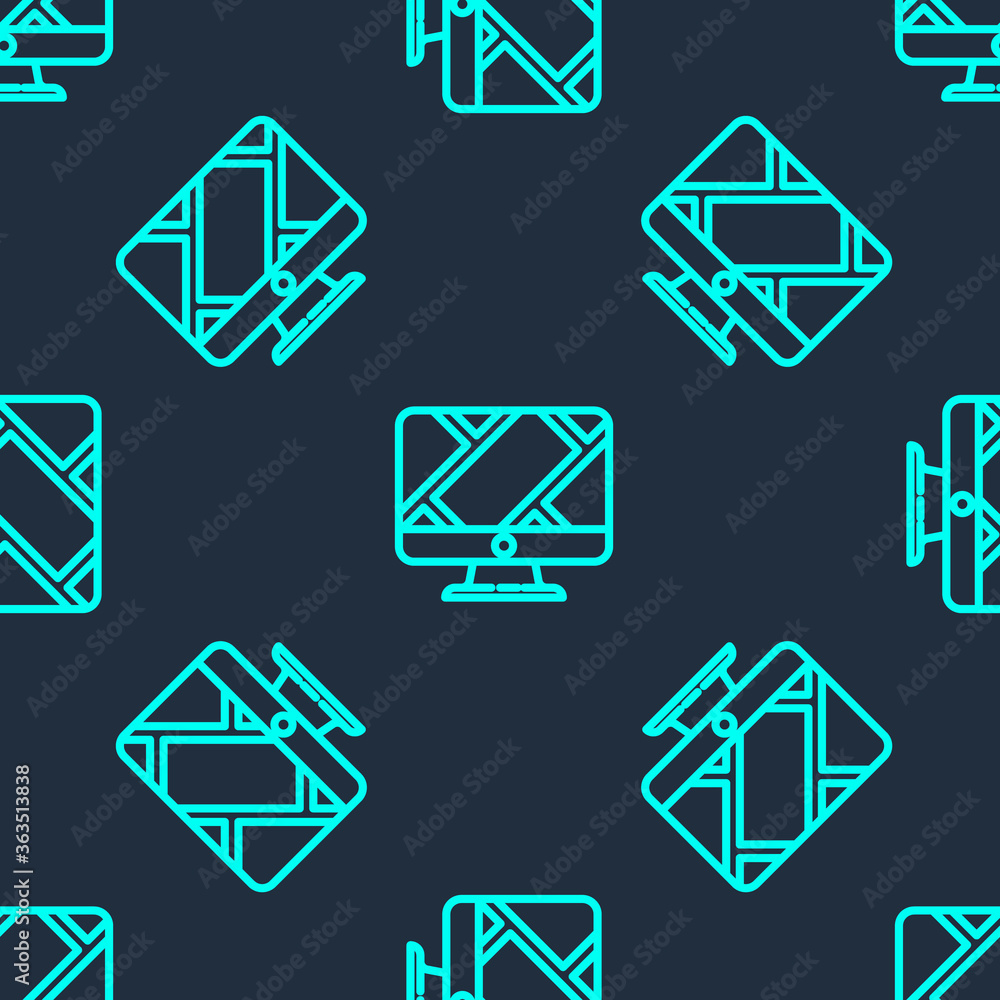 Green line Computer monitor and folded map with location marker icon isolated seamless pattern on blue background. Vector Illustration. Green line Computer monitor and folded map with location marker icon isolated seamless pattern on blue background. Vector Illustration.