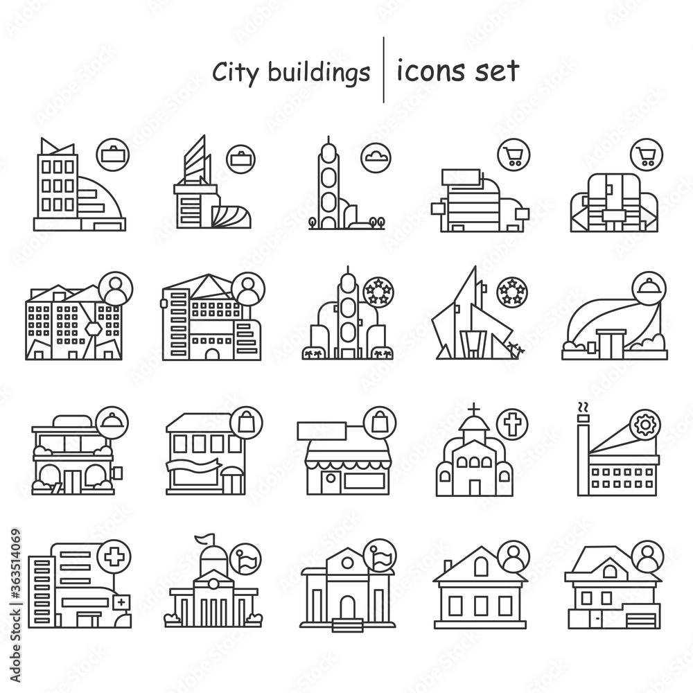 City buildings icons set. Modern architecture business and trade center, offices, housing and shops linear pictograms. Comfortable touristic navigation concept. Editable stroke vector illustrations