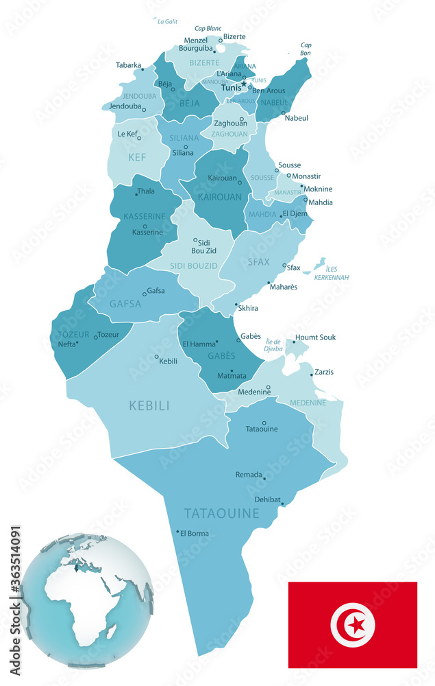 Naklejka premium Tunisia administrative blue-green map with country flag and location on a globe. Vector illustration