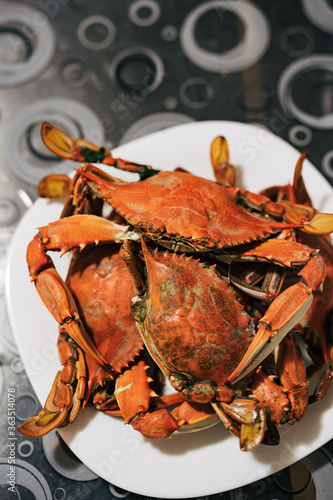 Cooked red boiled blue crabs on a plate on the table. photo