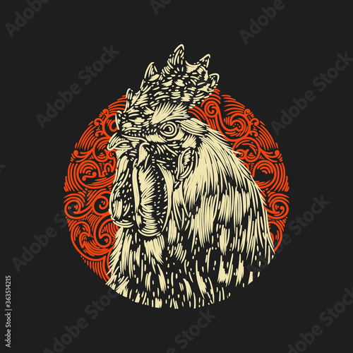 vector illustration the head of a rooster with a background of four orange circle ornaments vintage engraving