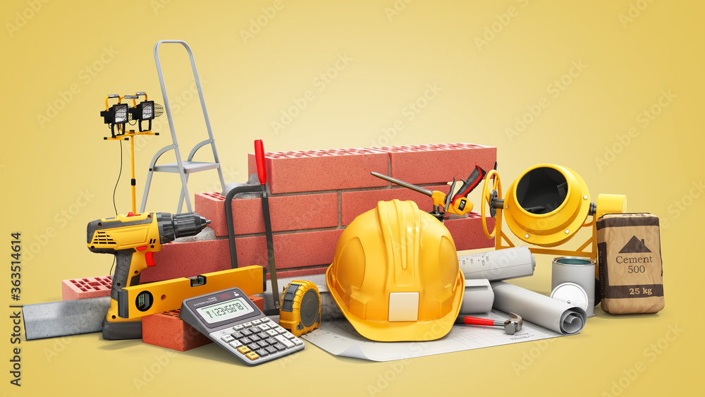 modern construction costing concept hard hat bricks wall and tape measure in the drawings next to the calculator 3d render on color gradient
