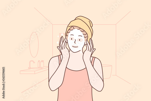 Beauty, skincare, health, makeup, treatment concept. Young happy woman girl cartoon character applying organic cosmetic mask cream on face. Healthy lifestyle and treatment from wrinkles illustration.