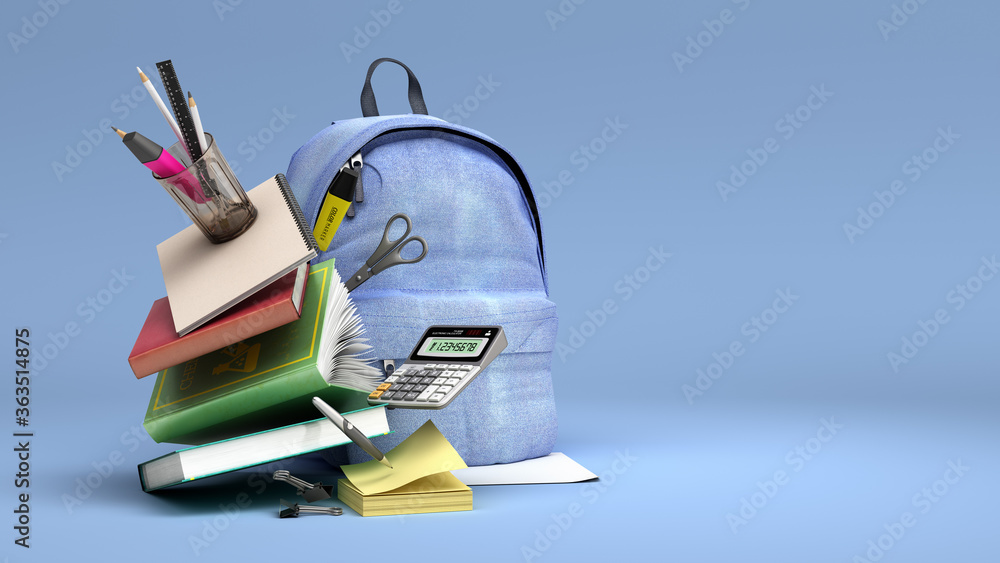 online learning concept Blue backpack with school supplies 3d render on blue gradient - obrazy, fototapety, plakaty 