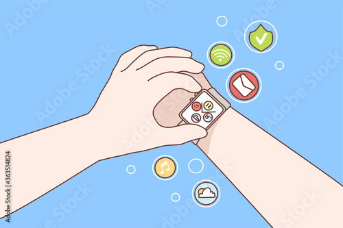Technology, watch, gadget, innovation concept. Human hands using digital smart watches with multiple functions on wrist. Digital fashionable innovative portable future devices for usage illustration.