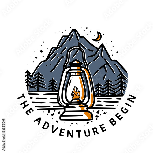 The adventure begin with classic lantern and mountain vintage illustration