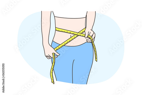 Diet, health, care, measurement, body concept. Young slim woman or girl cartoon character measuring waist for checking girth. Losing weight calorie after dieting and healthy lifestyle illustration.