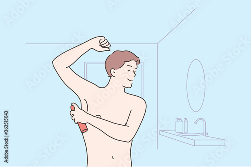 Health, care, smell concept. Young happy man or guy cartoon character applying spray on armpit for good fresh scent or odor. Healthy lifestyle and domestic daily morning routine procedure illustration