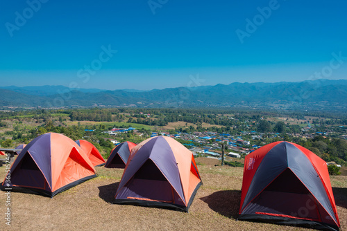 Outdoor camping tent at Yun Lai Viewpoint in Santichon Village, Pai, Mae Hong Son Province, Thailand.
