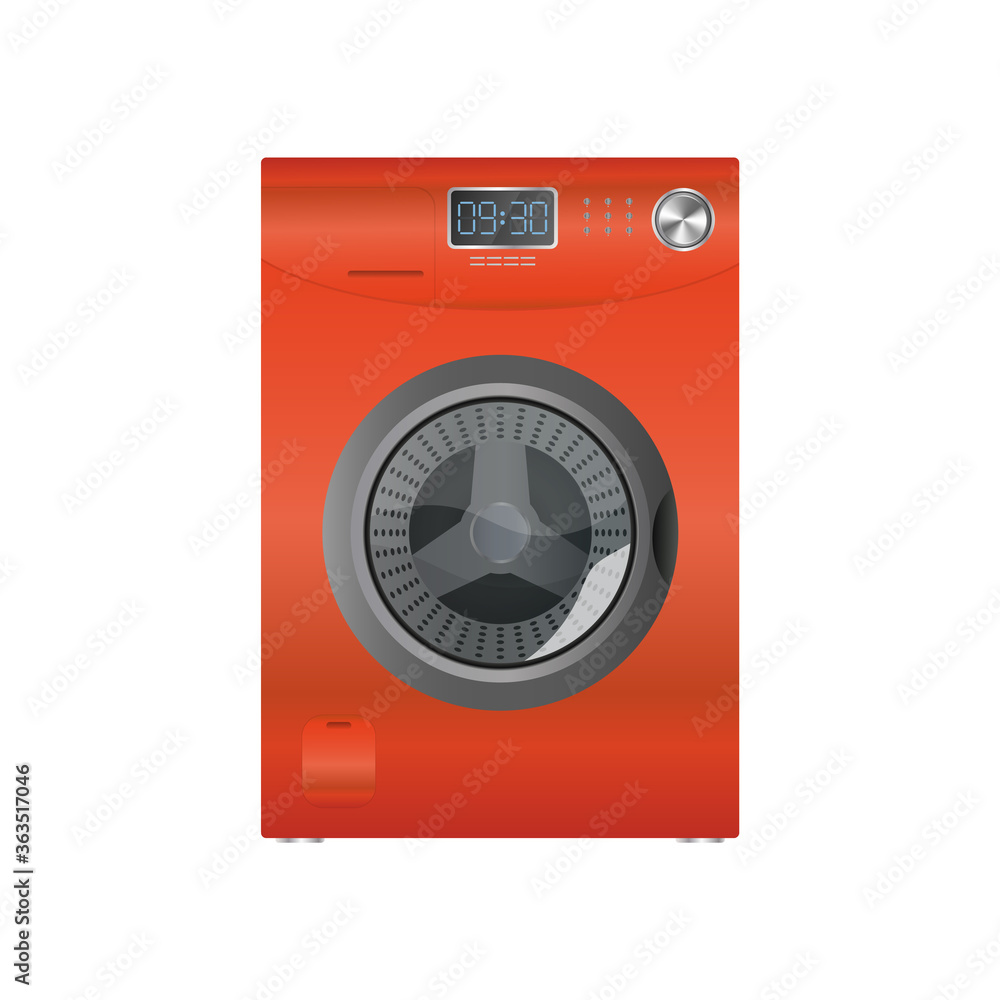 Red washing machine isolated on a white background. Realistic vector washing machine. Red washing machine isolated on a white background. Realistic vector washing machine.