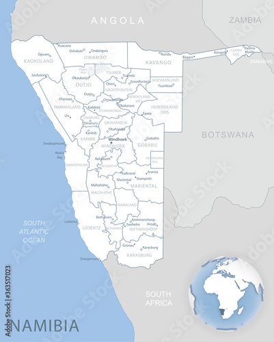 Blue-gray detailed map of Namibia administrative divisions and location on the globe. Vector illustration