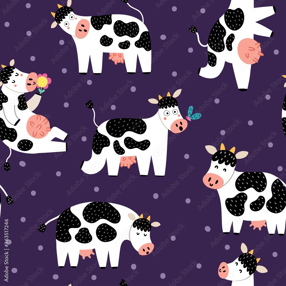 Funny cows seamless pattern. Funny farm characters background Funny cows seamless pattern. Funny farm characters background