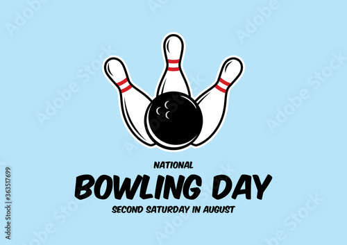 National Bowling Day vector. Bowling pins and ball vector. Three white bowling pins with a black ball icon. Bowling skittles vector. Bowling Day Poster, second Saturday in August. Important day