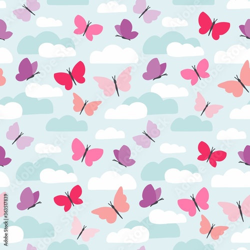 Summer sky and colorful butterfly seamless pattern. Good weather background with cute insect and cloud repeat vector design for baby or toddler girl dress fabric, gift wrapping or wallpaper.
