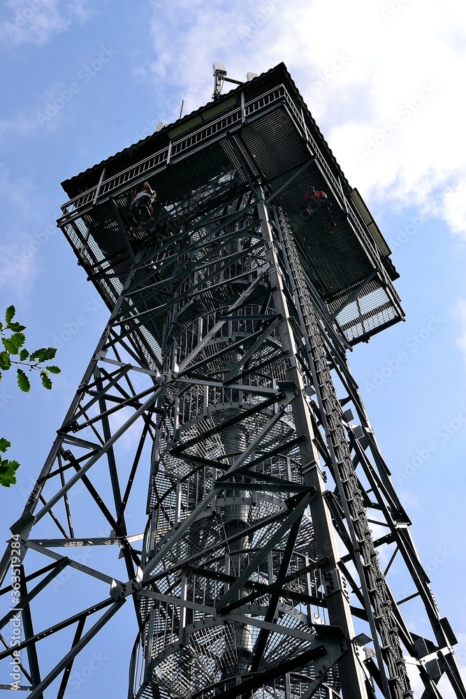 lookout tower near the village of Genoa, steel structure with a spiral staircase and a viewing platform, Hrensko, Czech Republic