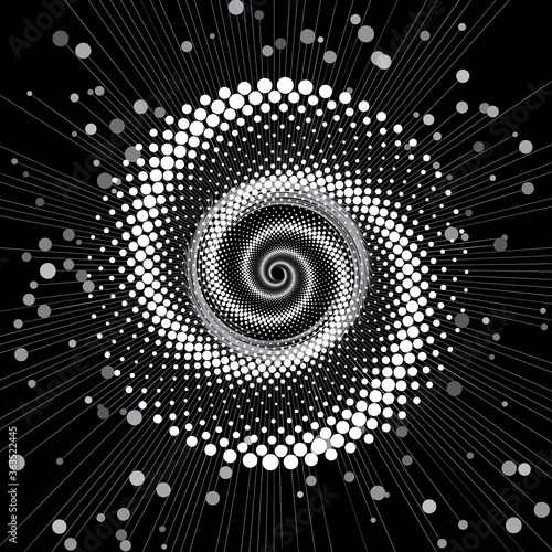 abstract background with lines and dots as social connections theme with halftone dotted spiral