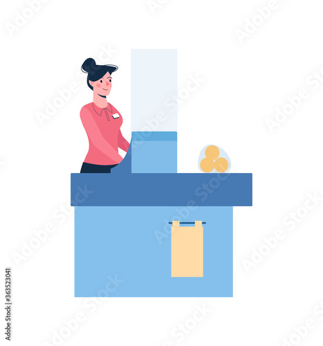The woman cashier is standing behind the counter in the supermarket. The seller prints a check for purchases. A girl in uniform works in a store. Vector illustration in a flat style